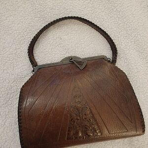 1930's Art Deco Vintage Brown Tooled Leather Handbag